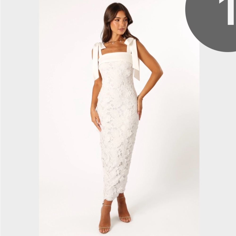 Elegant White Lace Midi Dress with Bow Straps